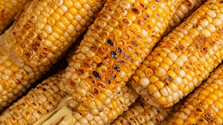 A bunch of corn on a table with a brownish color. The corn is cooked and has a brownish color
