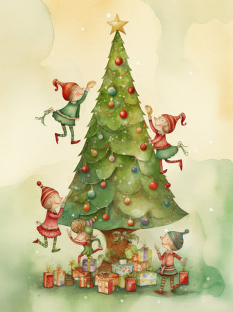 A group of elves are playing around a Christmas tree. The elves are climbing the tree and playing with the ornamentsの写真素材