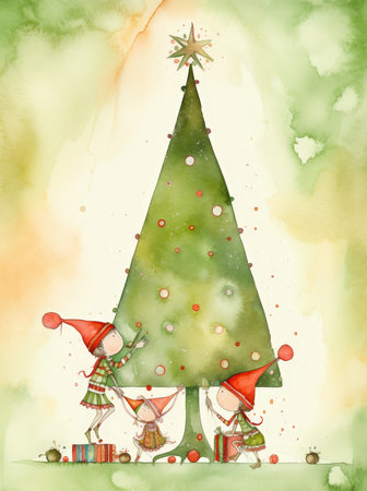 Three elves are decorating a Christmas tree. The tree is green and has a star on top. The elves are wearing red hats and are holding presentsの写真素材