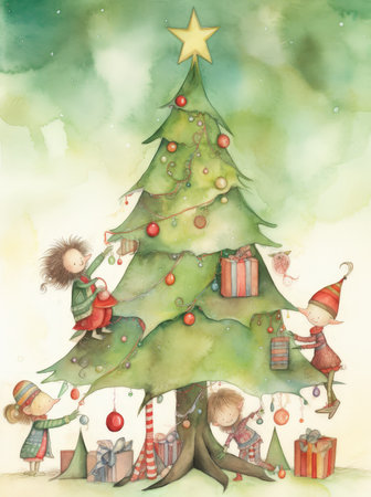 A group of children are playing around a Christmas tree, with one of them hanging from the treeの写真素材