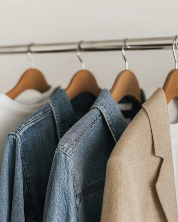 A row of clothes hanging on a clothesline, including a blue jacket and a tan jacket. The clothes are...