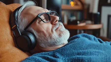 A man wearing glasses and headphones is laying on a couch. He is wearing a blue sweater and he is relaxedの写真素材