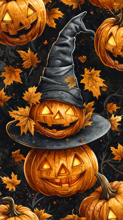 A black and orange poster featuring a witch's hat and several pumpkins. The pumpkins are smiling and appear to be happy, while the hat is black and adds a sense of mystery and magic to the sceneの写真素材