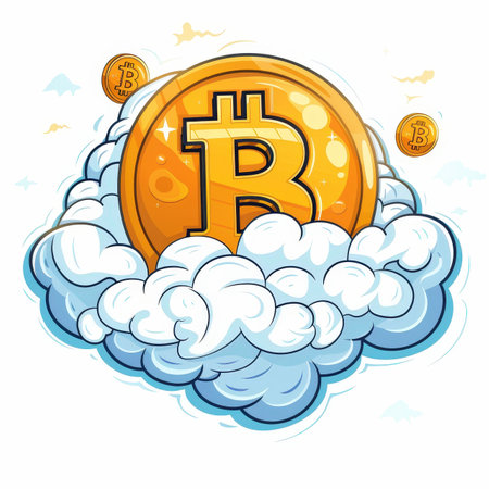 A cartoonish drawing of a cloud with a large B on it. The B is surrounded by smaller B's and a few other coins. The image has a playful and whimsical mood, with the clouds and coins giving it a funの写真素材