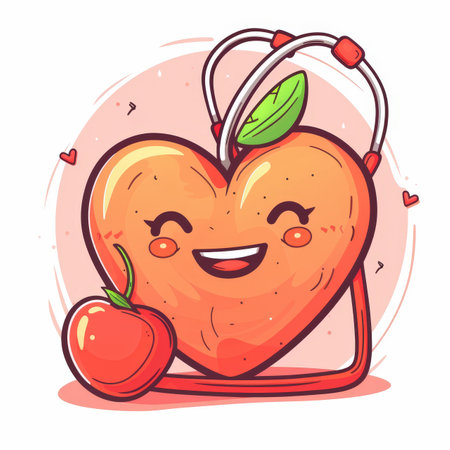 A cartoon heart holding a cherry. The heart is smiling and the cherry is placed on its chestの写真素材