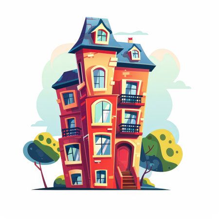 A cartoonish red brick building with a blue roof and a red door. The building has many windows and a balconyの写真素材