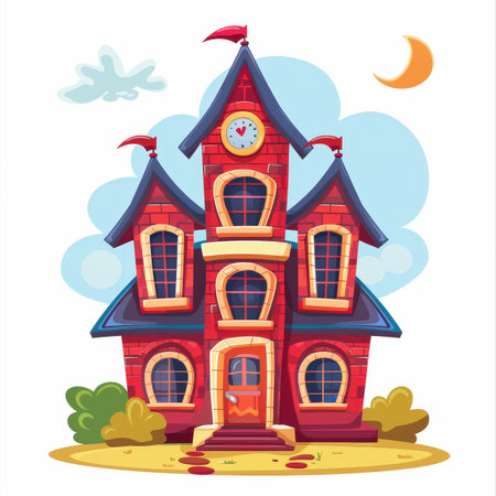 A red brick building with a clock on the front. The building is tall and has a lot of windows. The sky is blue and there is a small patch of grass in front of the buildingの写真素材