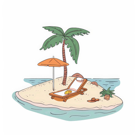 A cartoon drawing of a beach with a palm tree and a beach chair. The chair is under an umbrella and there is a potted plant nearby. Scene is relaxed and peacefulの写真素材