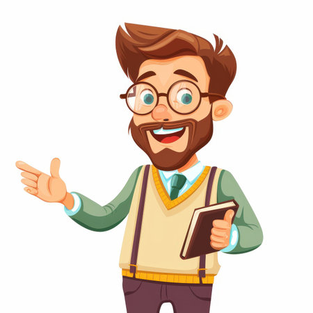 A man with glasses is holding a book and pointing to something. He is smiling and he is happyの写真素材