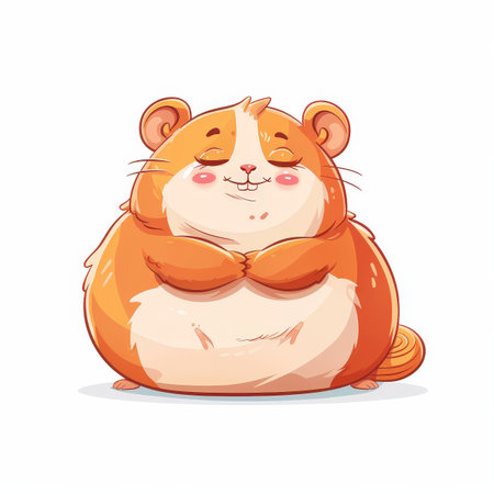A cartoon hamster is sitting on a white background with a smile on its face. The hamster is holding its paws up in a peace sign, giving the impression that it is happy and contentの写真素材