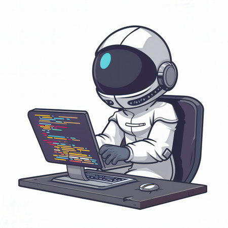 A cartoon astronaut is typing on a computer keyboard. The astronaut is wearing a white suit and has...