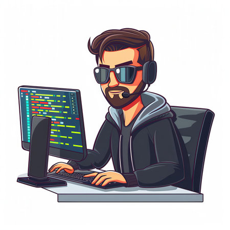 A man in sunglasses and a headset is typing on a computer. He is wearing a black jacket and a black...