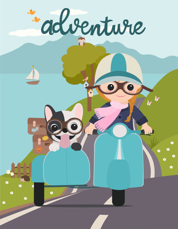 Girl on blue scooter is going on an adventure trip with her cute dog and her suitcases. Driving on the road in the mountains near a lake.のイラスト素材