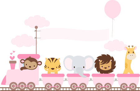 Pink Choo Choo train with cute jungle animalsのイラスト素材