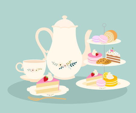 High tea party illustation with flower teapot and flower teacup and cake stand with pastry Vectorのイラスト素材