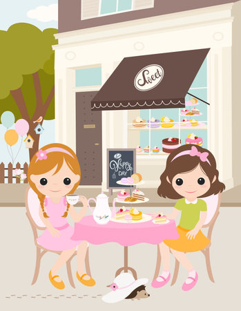 Sweet High tea party for girls in front of the bakery store and a cute hedgehogのイラスト素材