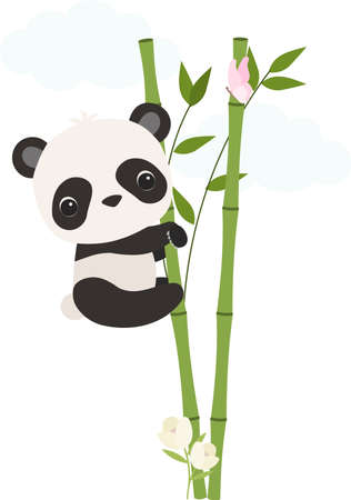 Cute Panda bear climbing in the bamboo with white flowers and butterflyのイラスト素材