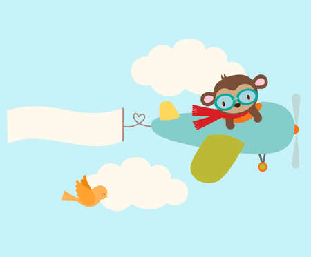 Cute flying monkey with red scarf in a blue plane with bannerのイラスト素材