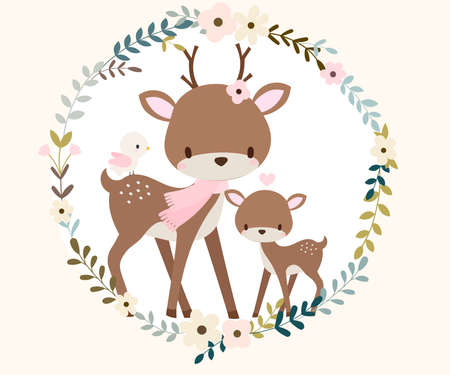 Cute baby deer and mother in flower wreath frame hand drawn vector illustrationのイラスト素材