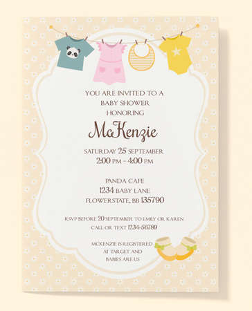 Daisy flower gender neutral baby shower invitation with baby clothes and baby shoesのイラスト素材