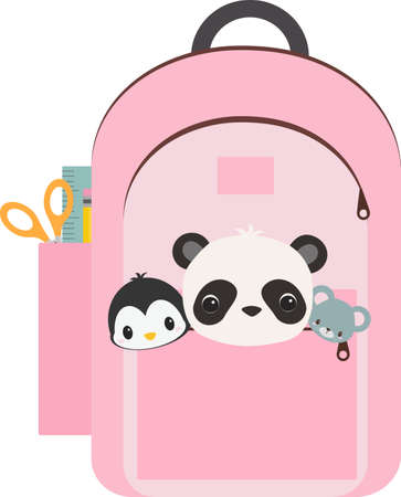Pink backpack with cute panda and mouse and penguin for a girls first day of schoolのイラスト素材