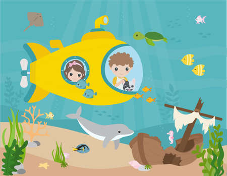 Underwater adventure with a yellow submarine. Boy with dog and girl are looking at the underwater fish, dolphin and stingrayのイラスト素材