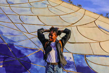 Unidentified man standing in front of the art pavilion at Bangkok Art and Culture Festival 2015.の写真素材