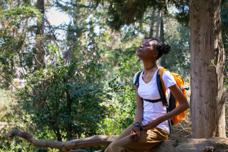 Young woman with backpack sitting on a tree trunk in the forest.の写真素材