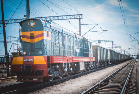 Railway track  Cars and trains  During post-processing was applied toning のeditorial素材