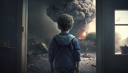 A boy standing and looking at a bomb exploding in the distance during a war, AI Generatedの素材