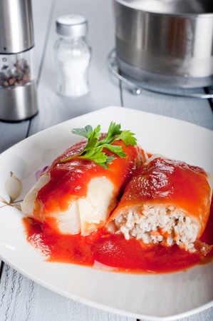 Tasty stuffed cabbage with tomato sauceの写真素材