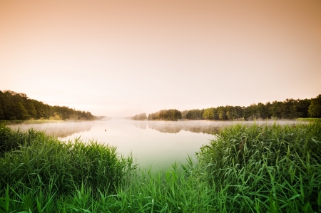 Photo of sun rising over the misty lakeの写真素材