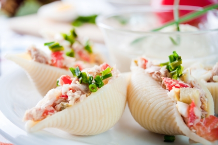 Delicious conchiglie pasta with tunaの写真素材