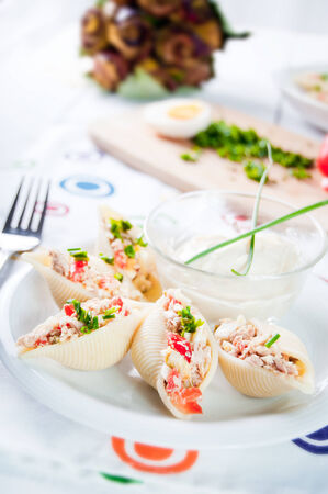 Delicious conchiglie pasta with tunaの写真素材