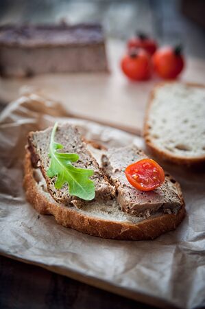Pork pate with bread and vegetablesの写真素材