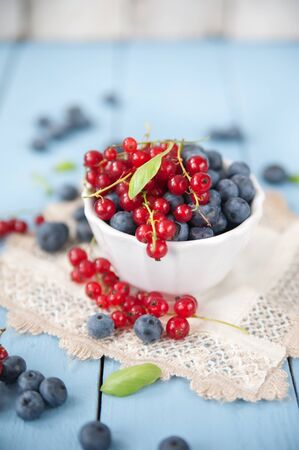 Fresh and healthy blueberries and red currantの写真素材