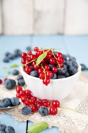Fresh and healthy blueberries and red currantの写真素材