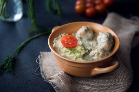 Delicious meatballs with dill sauceの写真素材