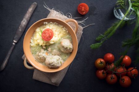 Delicious meatballs with dill sauceの写真素材