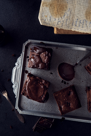 Chocolate cake on dark backgroundの写真素材