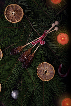 Dark christmas background with poppy seed cakeの写真素材