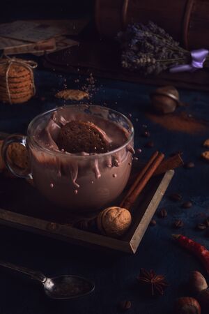 Hot chocolate in dark moody backgroundの写真素材