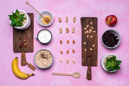 Healthy porridge ingredients backgroundの写真素材