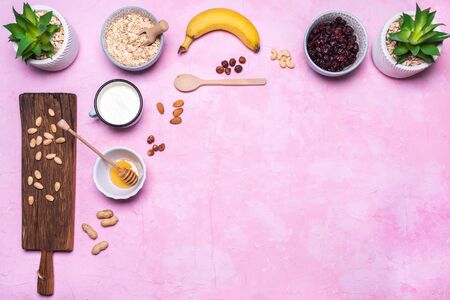 Healthy porridge ingredients backgroundの写真素材