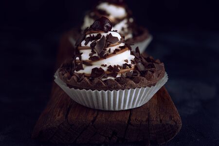 Chocolate cookie with cream and cherries on dark backgroundの写真素材