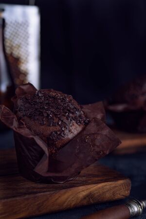 Chocolate muffin on dark backgroundの写真素材