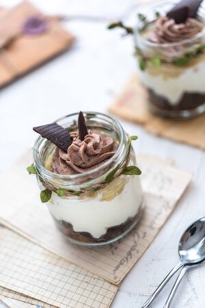 Granola with yoghurt on bright backgrounの写真素材