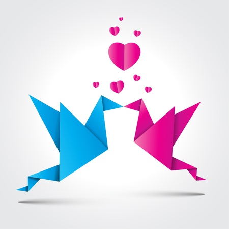 Two kissing origami birds with shadowのイラスト素材