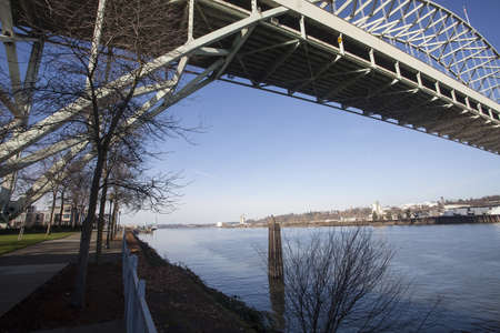 Fremont bridge in Potland, Oregon with a bright, blue sky の写真素材