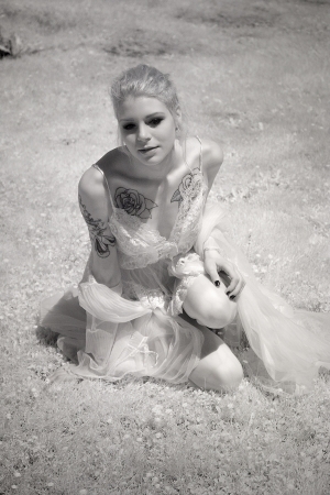 a beautiful young woman in white lingerieの写真素材